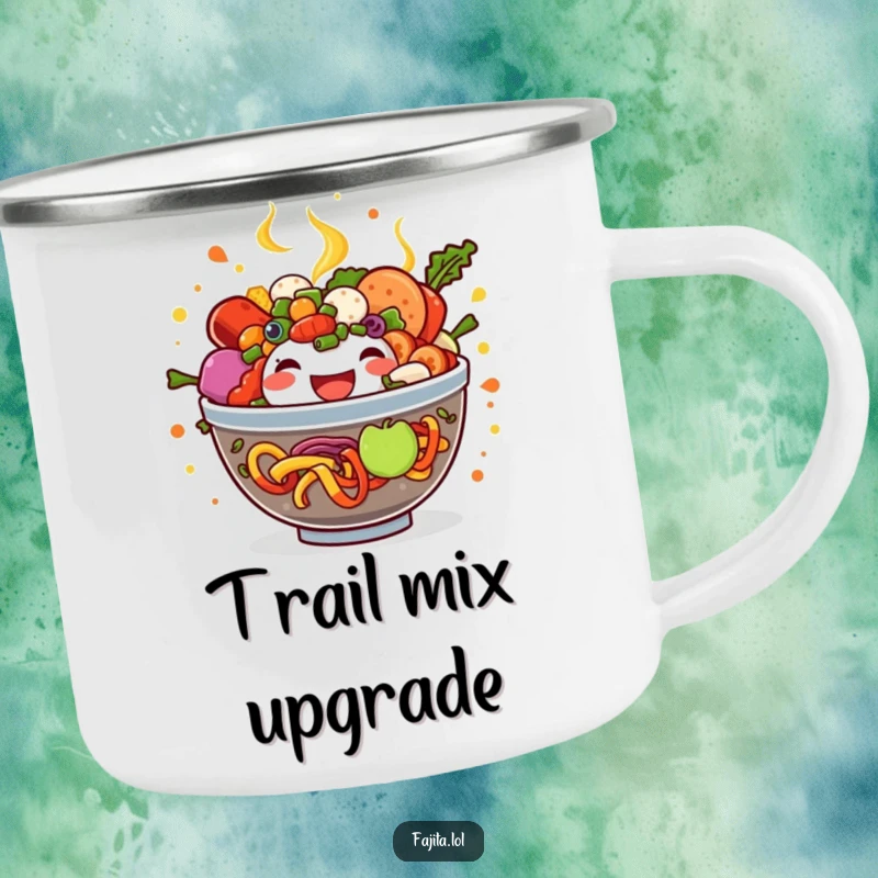 Funny Fajita Bowl Camping Mug showing an overflowing bowl of ingredients, perfect for rugged adventures and laughs.