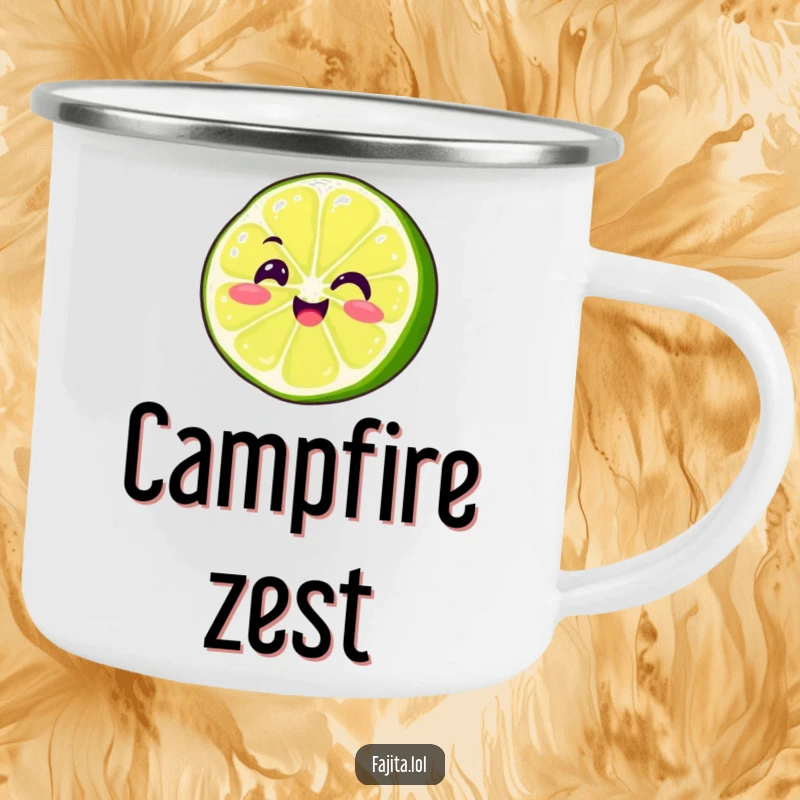 Funny Fajita Lime Slice Camping Mug illustrating a smiling, wiggling character, perfect for rugged adventures and a dose of fun.