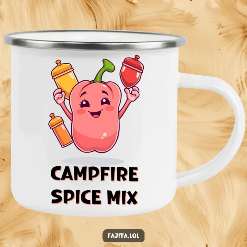 Funny camping mug with a cheerful bell pepper juggling spice shakers, for enjoying drinks in nature.