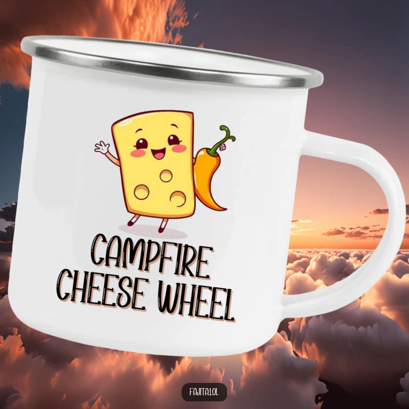 Funny camping mug with a cheerful cheese slice doing a cartwheel next to a sizzling pepper, ready for adventures.