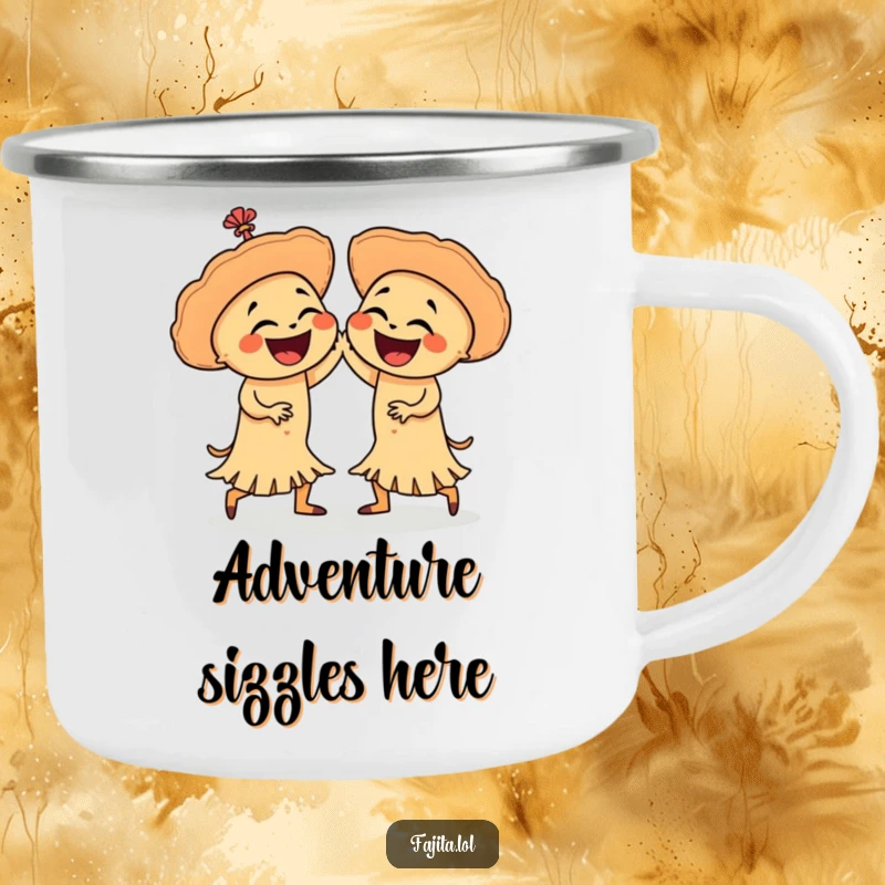 Funny camping mug with two laughing fajitas in a salsa dance, durable for outdoor use and celebrating Mexican food humor.