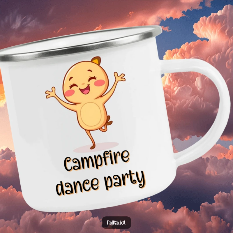 Funny Fajita Camping Mug: A smiling cartoon fajita with legs doing a flamenco dance, ideal for outdoor beverage enjoyment.