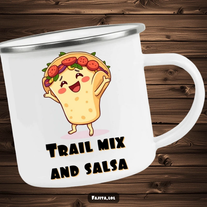 Funny camping mug shows a smiling fajita in a tortilla shell salsa dancing, ideal for outdoor fun.