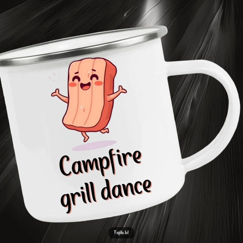 Funny camping mug with a smiling strip of grilled meat doing a shimmy dance, for enjoying drinks outdoors.