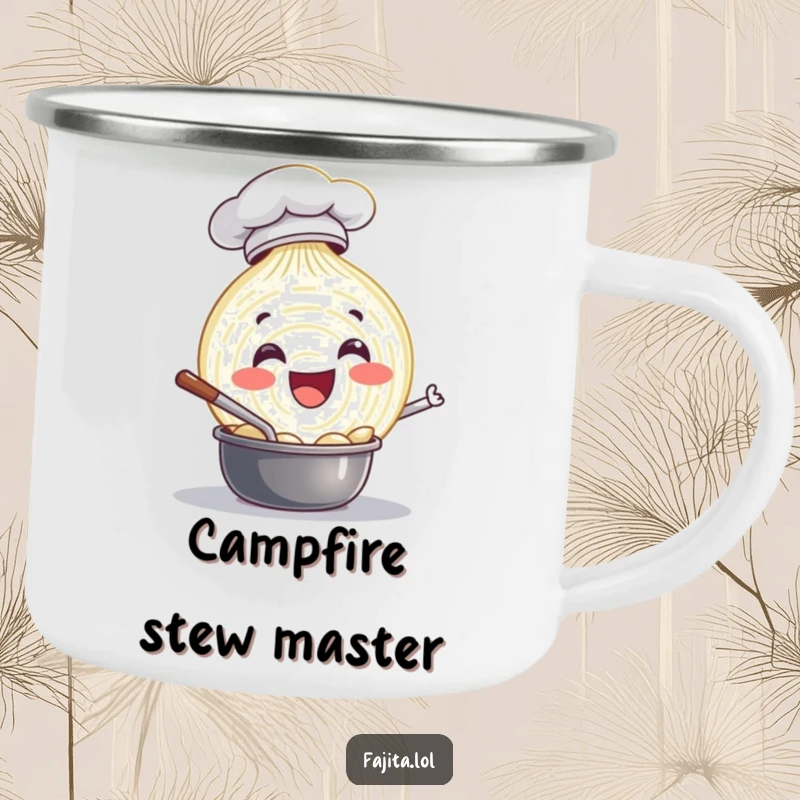 Funny camping mug featuring a delighted onion slice chef happily stirring a pot, perfect for hot beverages during outdoor excursions with kitchen humor.