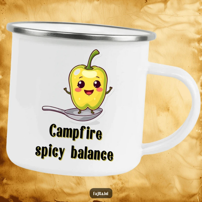 Funny Camping Mug featuring a smiling pepper slice character balancing on a tiny spoon, ideal for outdoor drinks and spicy enjoyment.