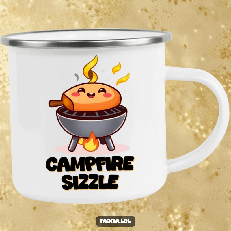 Funny Fajita Camping Mug: A fajita sizzling happily on a small grill with tiny flames, perfect for enjoying drinks outdoors.