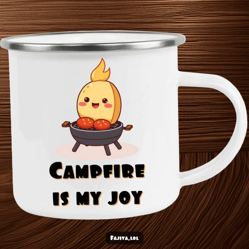 Funny camping mug with a smiling fajita happily sizzling on a tiny cartoon grill, durable and humorous for outdoor dining.