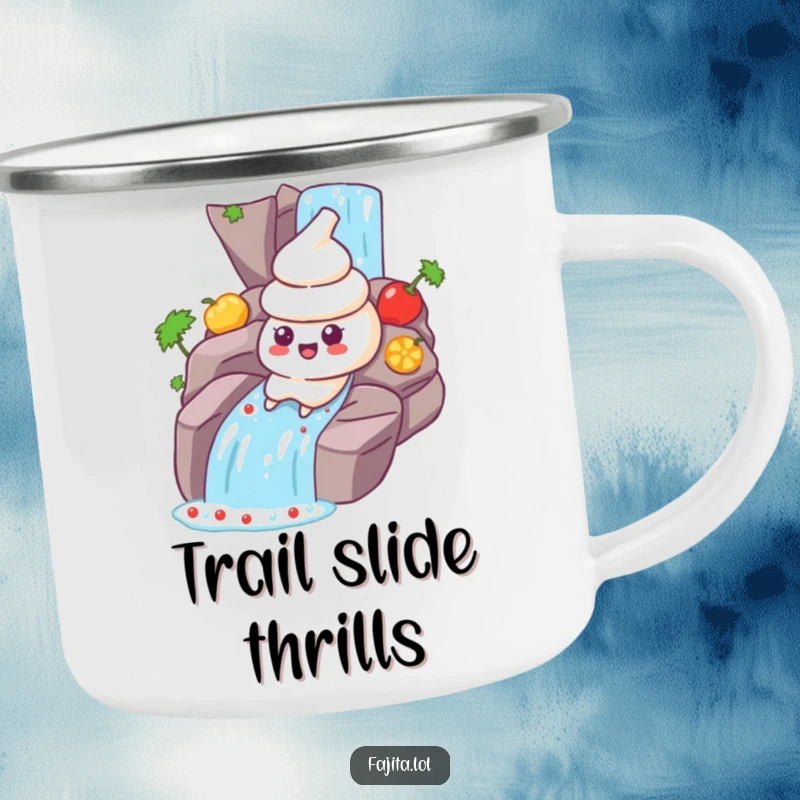 Funny Sour Cream Camping Mug: A sour cream dollop character sliding down a salsa waterfall, perfect for humorous outdoor enjoyment.