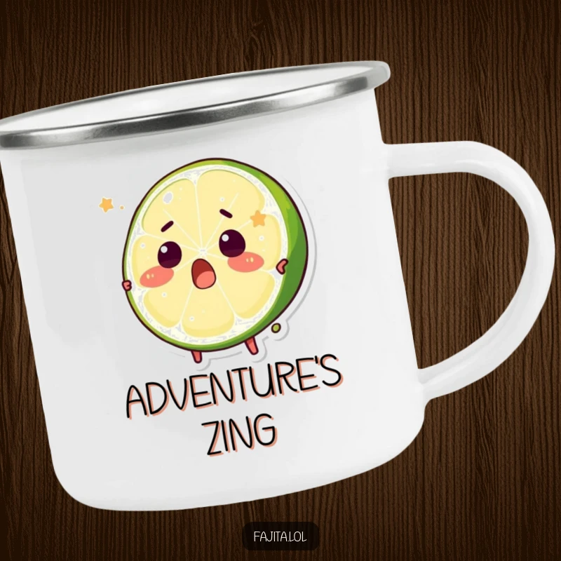 Funny camping mug showing a surprised lime wedge character comically being squeezed, ready for any outdoor escapade.