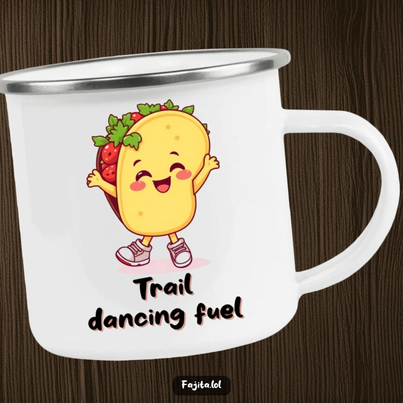 Funny camping mug with a cheerful taco in tiny sneakers, dancing salsa, ideal for enjoying drinks by the campfire.