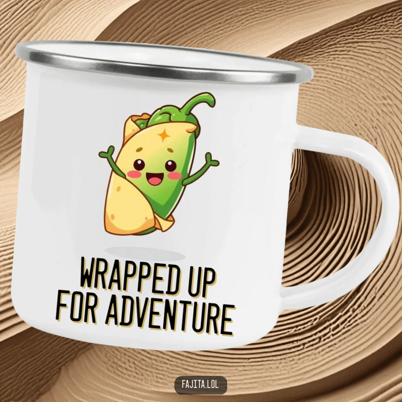 Funny camping mug featuring a cheerful tortilla hugging a jumping jalapeño, perfect for adding humor to outdoor beverage enjoyment.