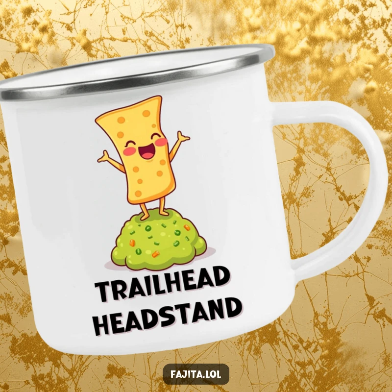 Funny camping mug with a laughing tortilla chip doing a headstand on guacamole, ready for outdoor fun.