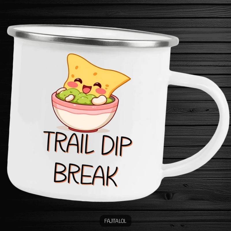 Funny camping mug with a plump tortilla chip character diving into guacamole, for enjoying beverages outdoors.