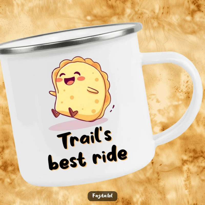 Funny camping mug shows a giggling tortilla character rolling downhill with pure delight, ideal for outdoor trips.