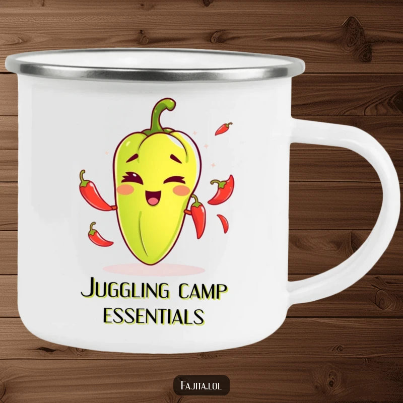 Funny camping mug featuring a fajita pepper winking playfully while juggling chili peppers, perfect for adding humor to outdoor enjoyment.