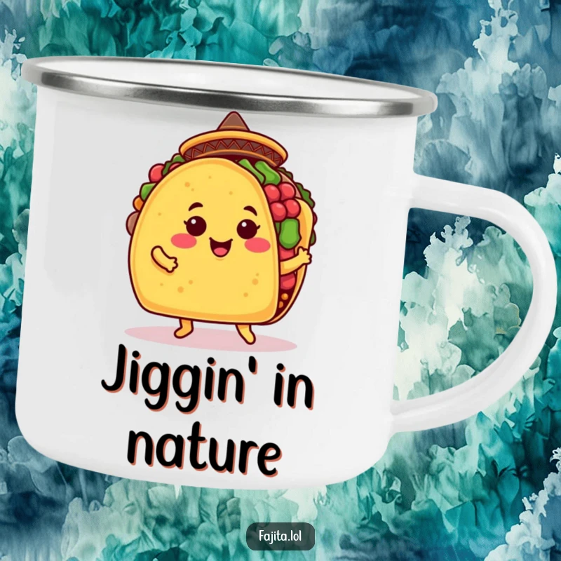 Funny taco camping mug with a smiling taco shell in a sombrero doing a jig, perfect for outdoor enthusiasts who enjoy humor.