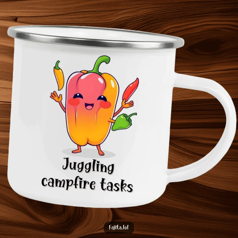 Funny Bell Pepper Camping Mug: A bell pepper character juggling chili peppers, designed for humorous outdoor beverage enjoyment.