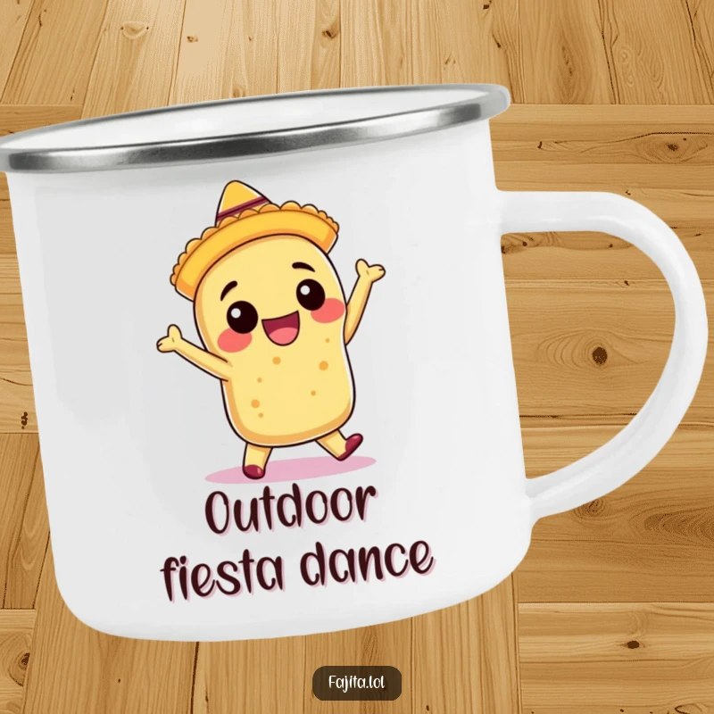 Funny camping mug with a smiling burrito in a sombrero, dancing salsa, perfect for enjoying drinks by the campfire.