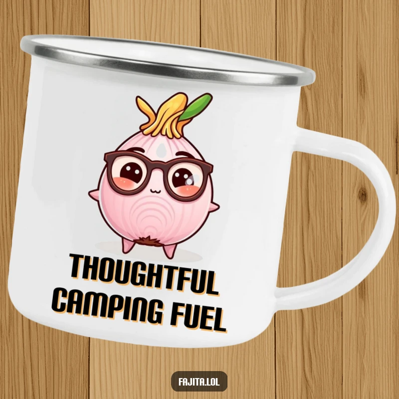 Funny camping mug featuring a studious fajita onion slice wearing reading glasses, perfect for adding humor to outdoor enjoyment.
