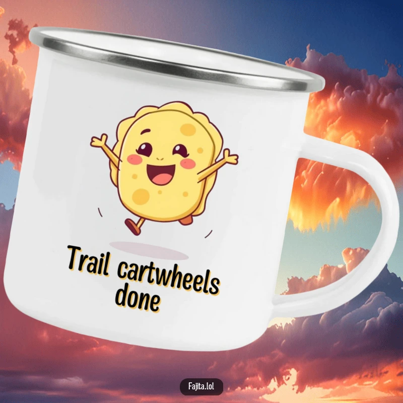 Funny camping mug featuring a joyful tortilla doing a cartwheel, perfect for hot beverages during outdoor excursions filled with happiness.