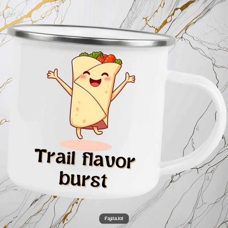 Funny camping mug featuring a smiling fajita wrap doing a cartwheel, spicy filling flying, ideal for outdoor humor.