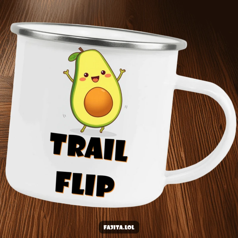 Funny Fajita Avocado Slice Camping Mug illustrating a cheerful cartwheel, perfect for rugged adventures and a dose of fun.