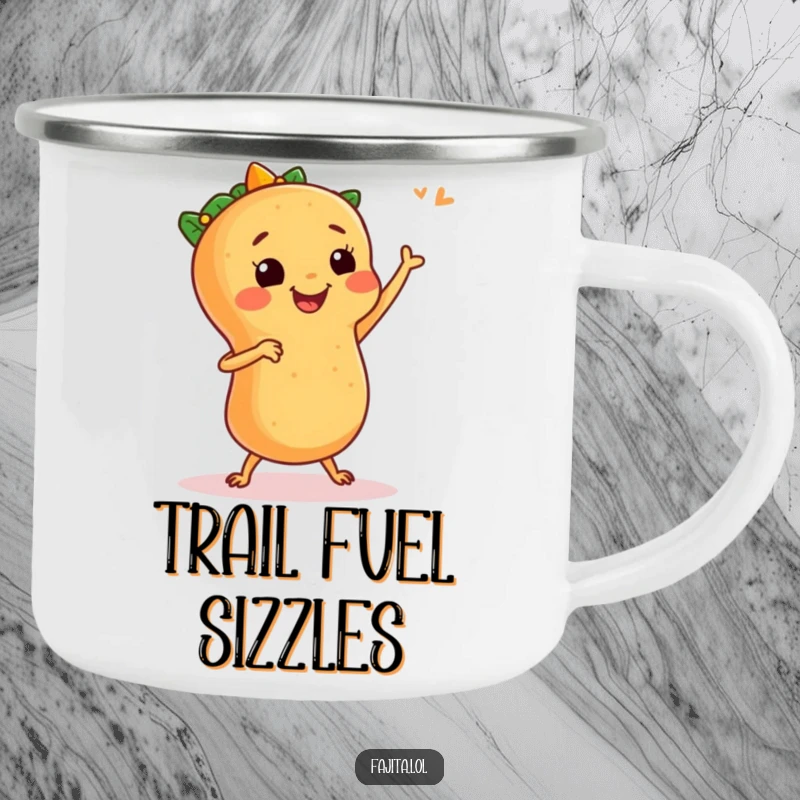 Funny camping mug featuring a smiling fajita doing a salsa dance, perfect for hot beverages during outdoor excursions with a humorous twist.