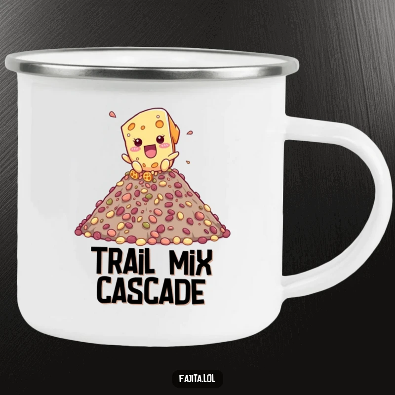 Funny camping mug illustration of a playful cheese shred character cascading down a bean mountain, perfect for outdoor enthusiasts.
