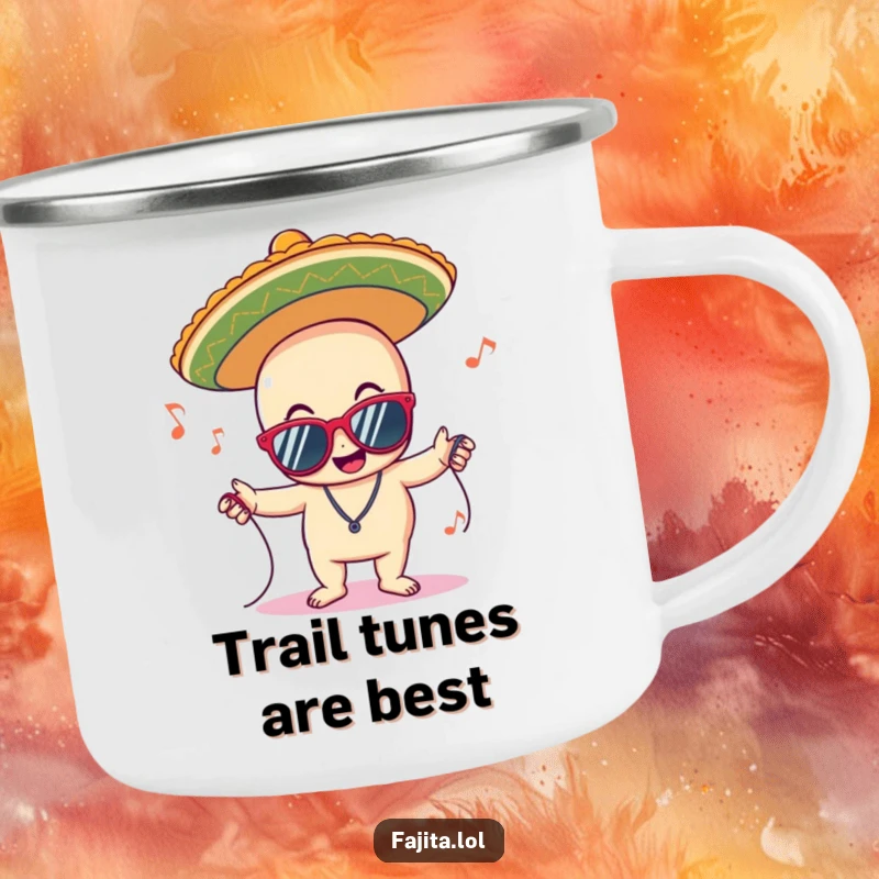 Funny camping mug with a delighted sombrero character wearing sunglasses and grooving to music, perfect for outdoor adventures and parties.