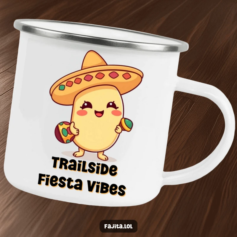 Funny Camping Mug featuring a happy bean character in a sombrero, playing a tiny maraca, ideal for outdoor adventures and festive drinks.