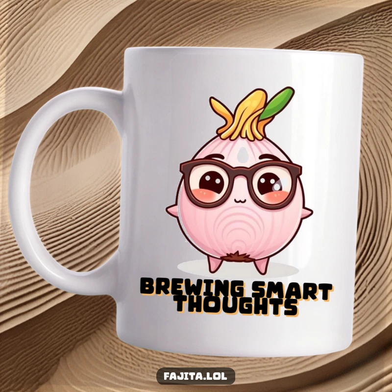 Funny mug showing a studious fajita onion slice wearing reading glasses, engrossed in a book, exuding intelligence and humor.