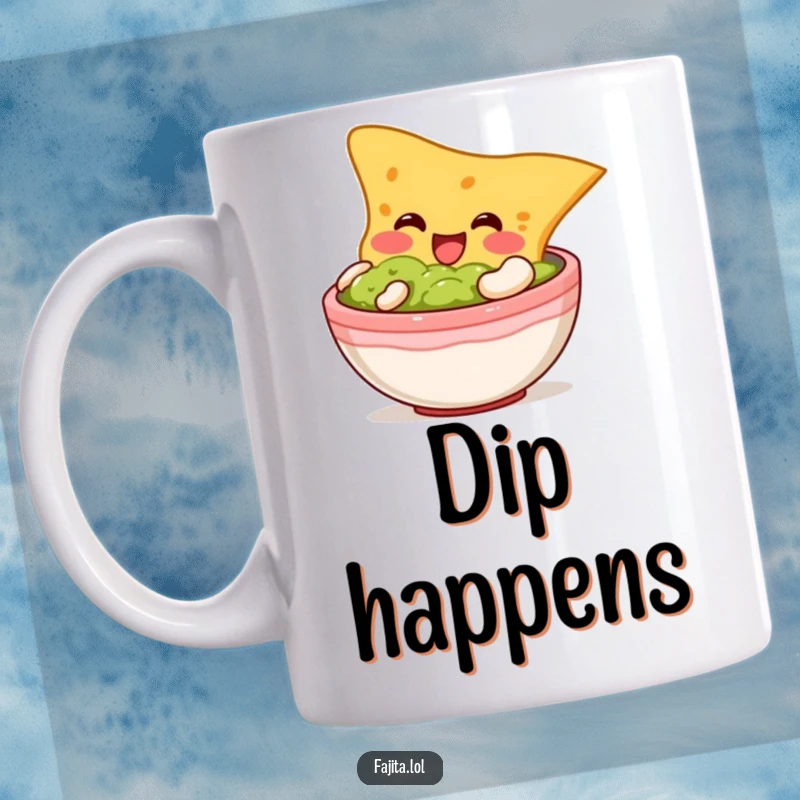 Funny mug showing a plump tortilla chip character happily diving into a bowl of guacamole, expressing pure snack satisfaction.