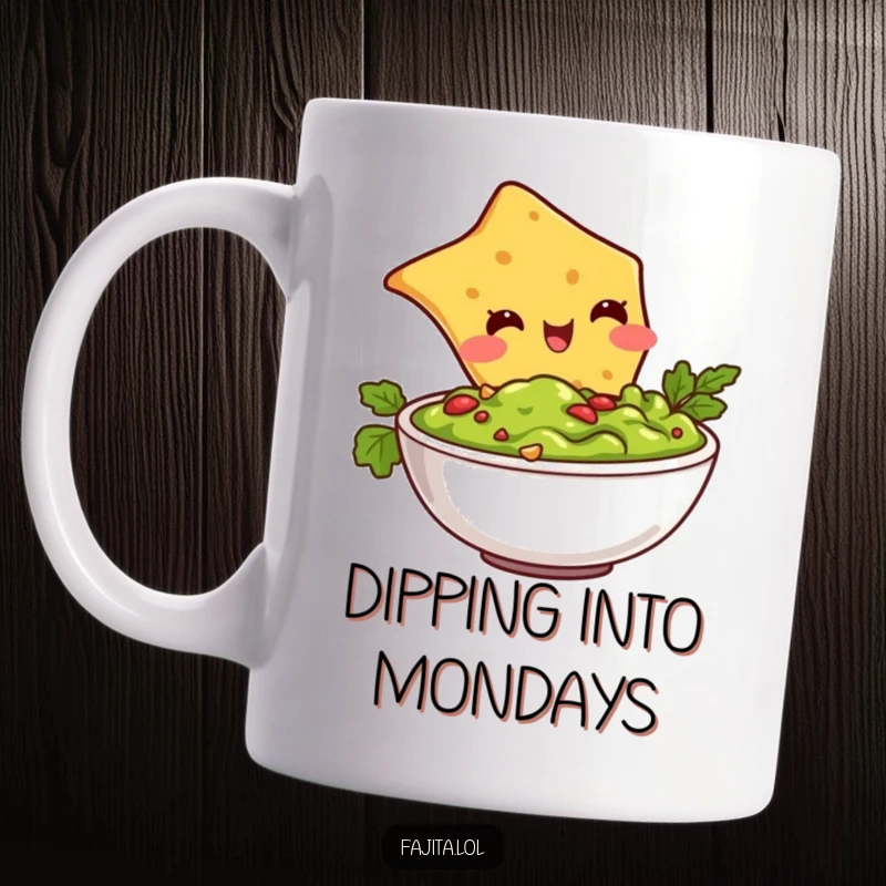 Funny mug showing a plump, blushing tortilla chip happily diving headfirst into a bowl of creamy guacamole, capturing pure joy.