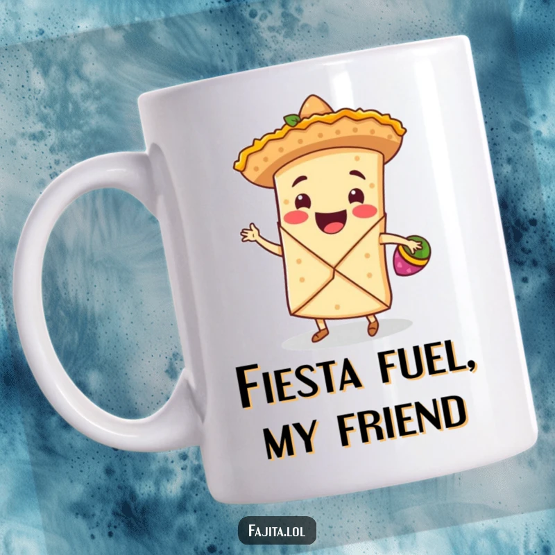 Funny mug featuring a smiling fajita wrap in a tiny sombrero, joyfully dancing with maracas, embodying pure fiesta spirit.