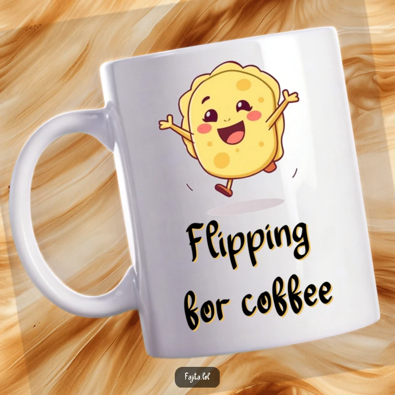 Funny mug featuring a joyful tortilla character happily performing a cartwheel, radiating pure energy and fun.
