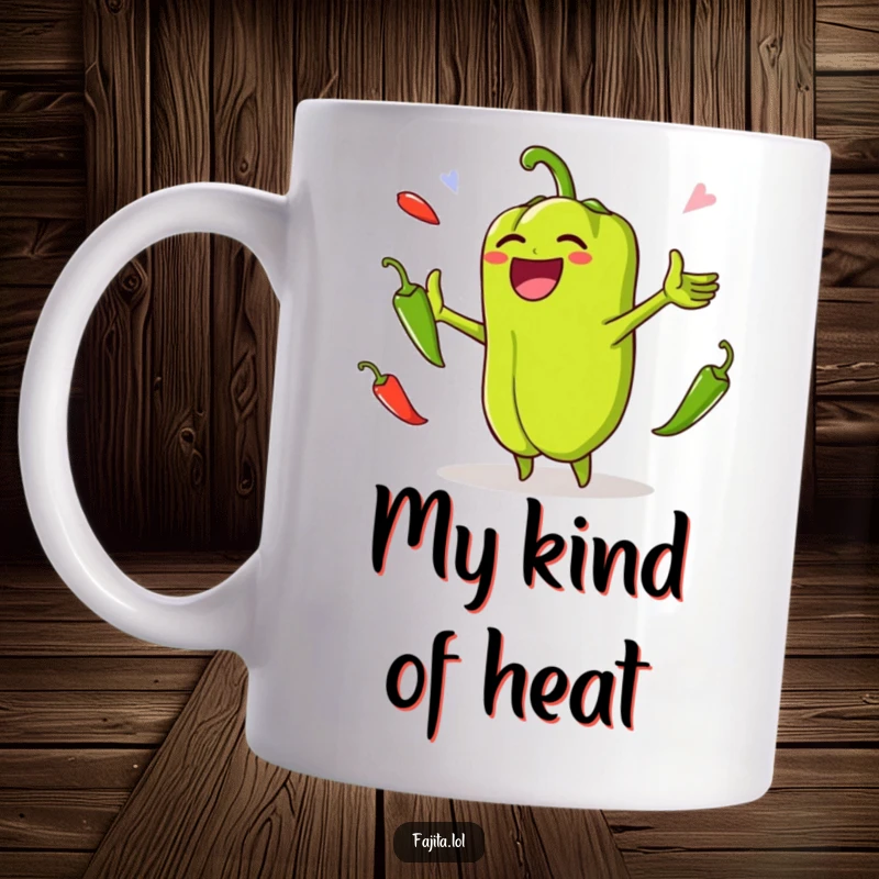 Funny mug featuring a laughing bell pepper with outstretched arms, energetically juggling spicy jalapenos, showcasing a chaotic joy.