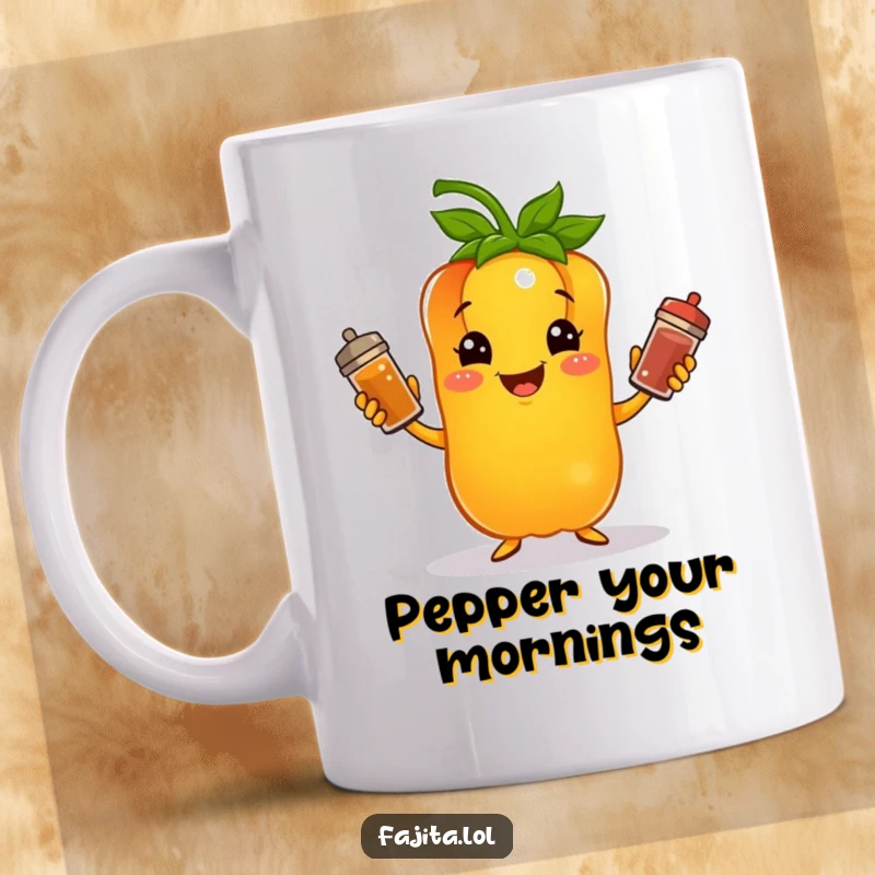 Funny mug featuring a cheerful bell pepper character gleefully juggling three colorful spice shakers, celebrating culinary fun.