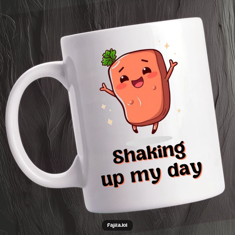 Funny mug showing a happy fajita steak segment performing a delightful and energetic shimmy dance, bringing joy and humor.