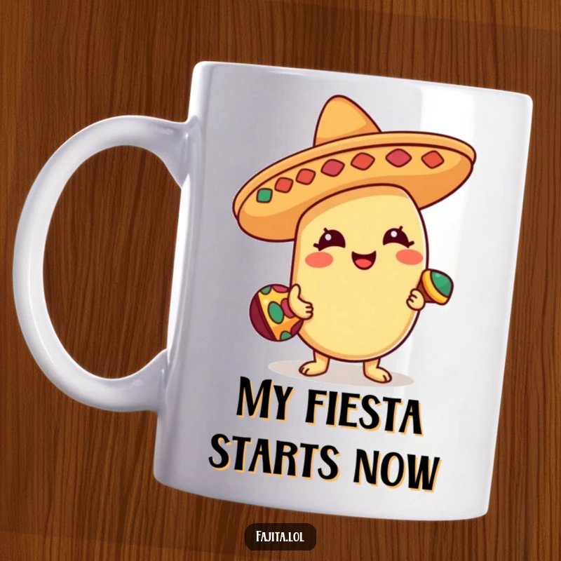 Funny Mug featuring a happy bean character in a sombrero, enthusiastically playing a tiny maraca, radiating pure fiesta fun.