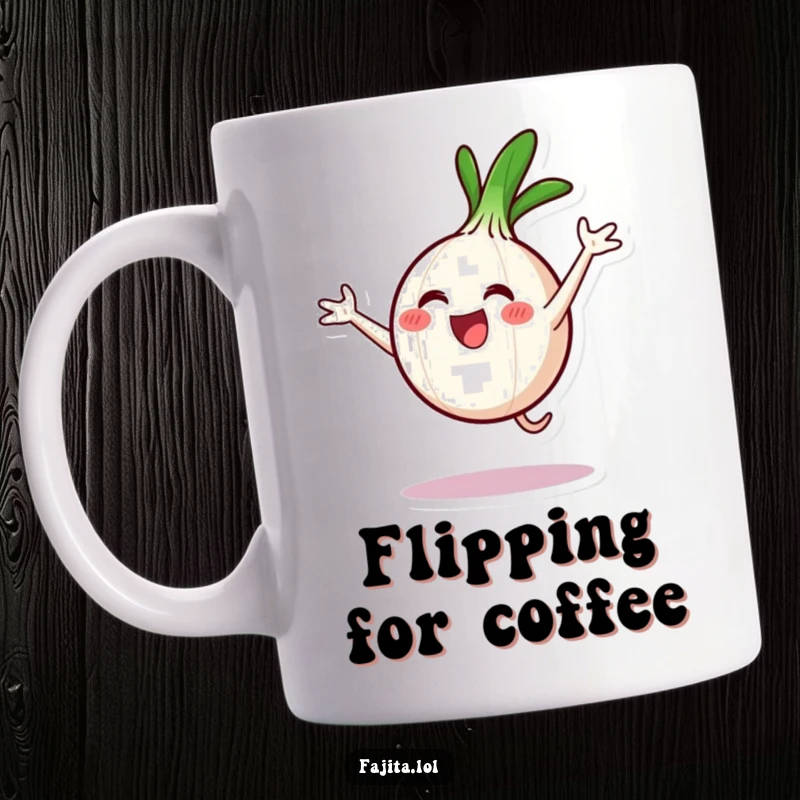 Funny mug showing a smiling onion ring character joyfully performing a cartwheel with excitement and energy.