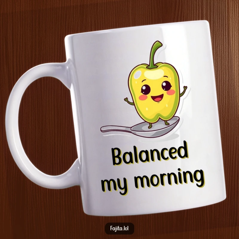 Funny Mug featuring a smiling pepper slice character precariously balancing on a tiny spoon, radiating spicy charm and humor.
