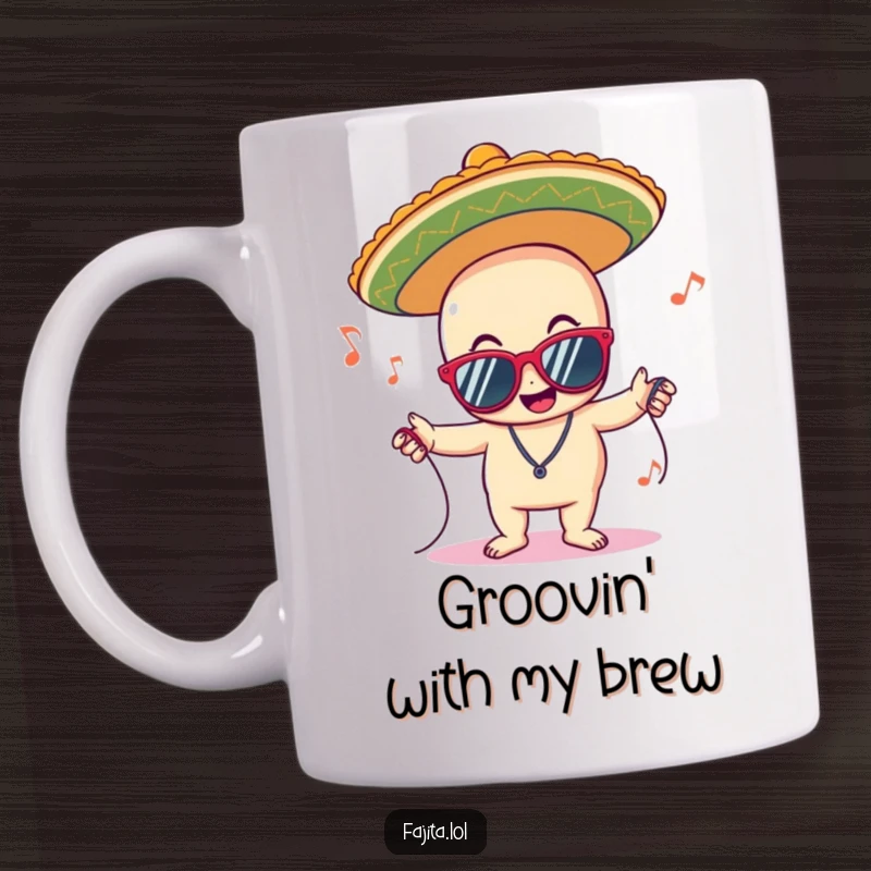 Funny mug with a delighted sombrero character wearing sunglasses and grooving to music, embodying a joyful and festive party spirit.