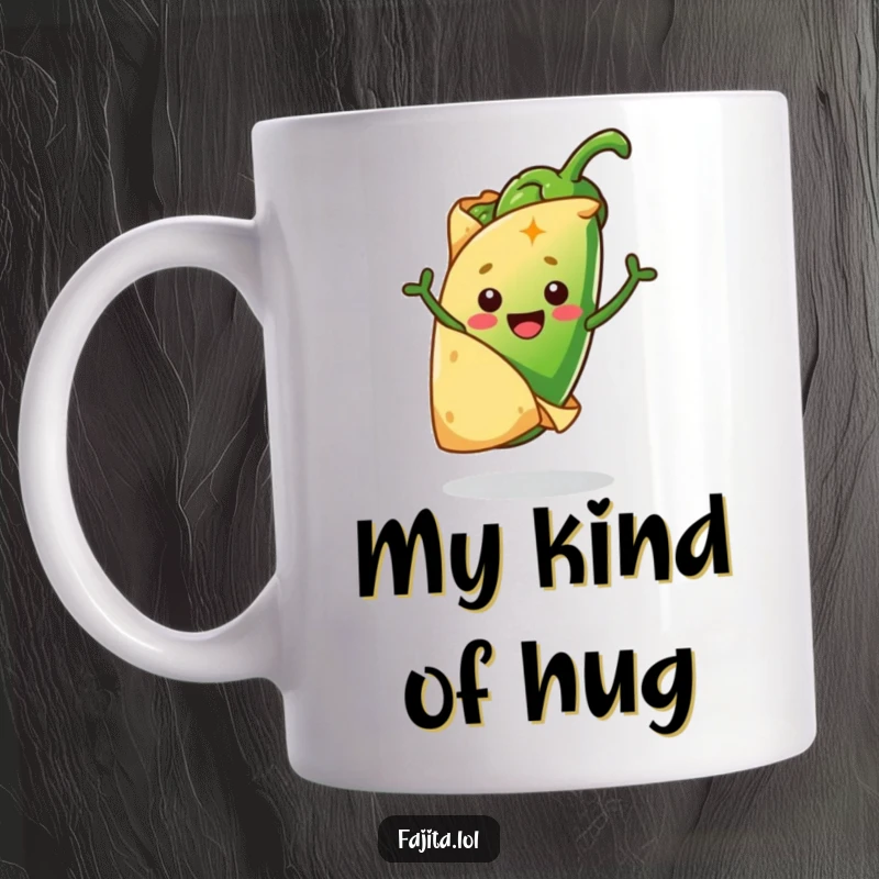 Funny mug showing a cheerful tortilla embracing a lively, jumping jalapeño, depicting a playful Mexican food relationship.