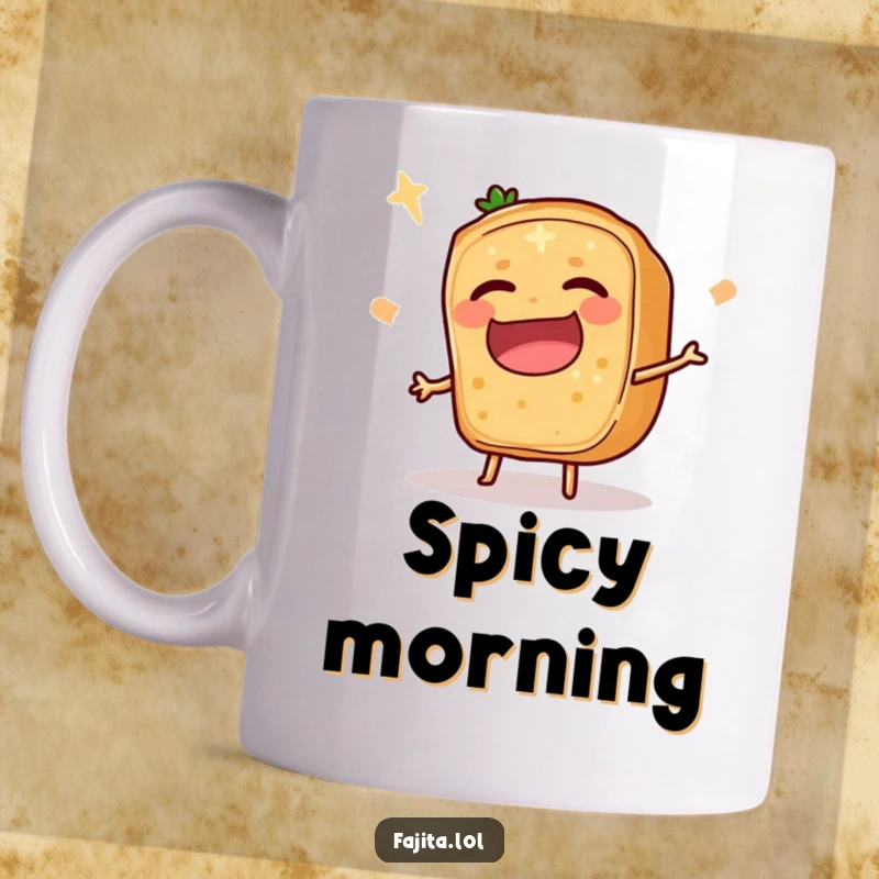 Funny Fajita Ingredient Slice Mug, depicted mid-trip with a laughing expression, symbolizing comedic mishaps and foodie fun.