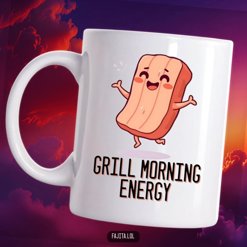 Funny mug featuring a smiling strip of grilled meat doing a joyful shimmy dance with pure excitement.