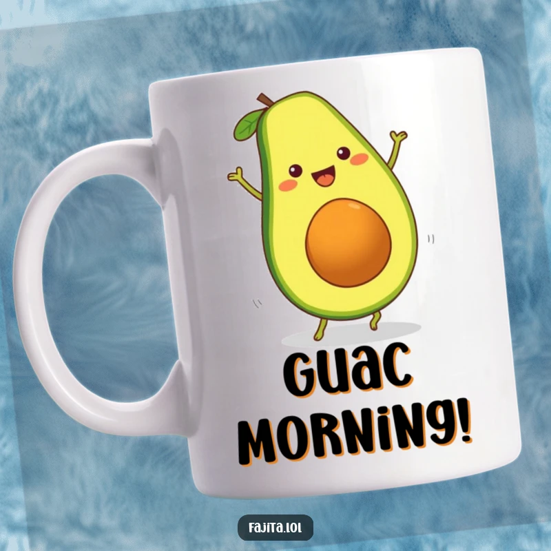 Funny Fajita Avocado Slice Mug doing a cheerful cartwheel, symbolizing healthy fun and a zest for life.