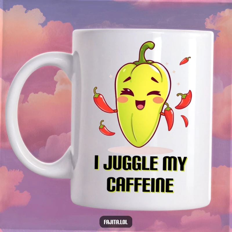 Funny mug showing a fajita pepper winking playfully while skillfully juggling small chili peppers, full of mischievous charm.