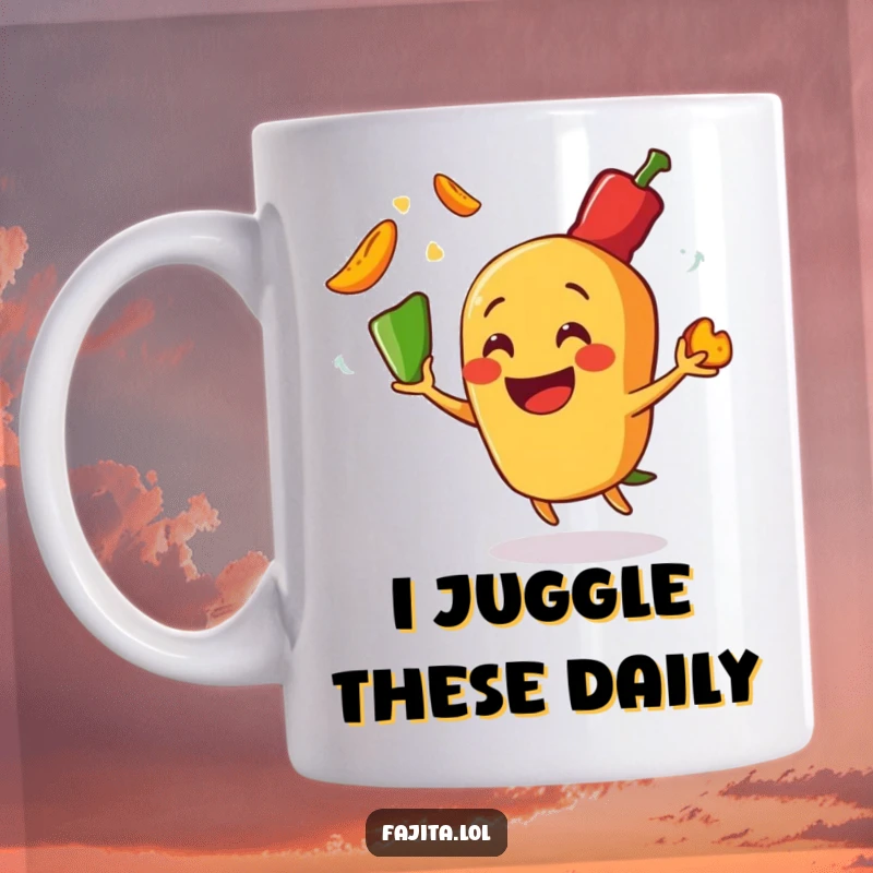 Funny mug showcasing a smiling fajita character expertly juggling sizzling hot pepper slices, capturing a moment of culinary chaos and joy.