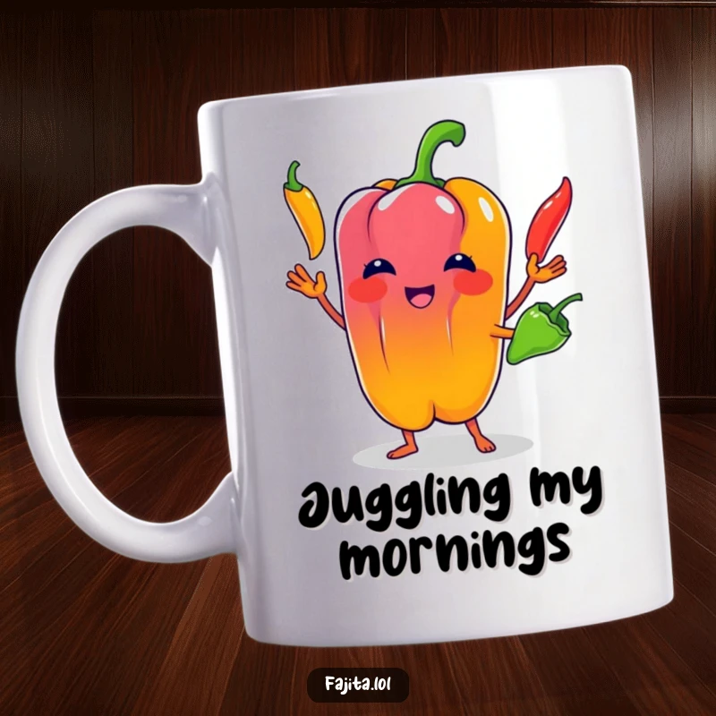 Funny Bell Pepper Mug: A green bell pepper character skillfully juggling three colorful chili peppers with a cheerful expression.
